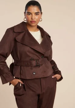 Cropped Faux Suede Trench Jacket