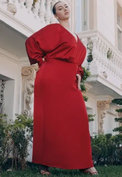 Dramatic Sleeve Satin Column Dress