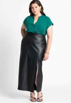 Faux Leather Column Skirt With Slit