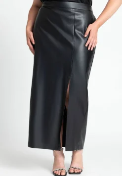 Faux Leather Column Skirt With Slit