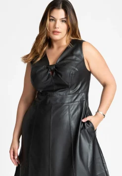 Faux Leather Knot Detail Flare Dress