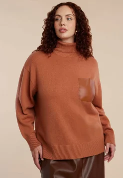 Faux Leather Pocket Turtleneck Sweater