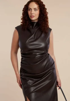 Funnel Neck Faux Leather Midi Dress