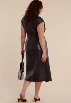 Funnel Neck Faux Leather Midi Dress