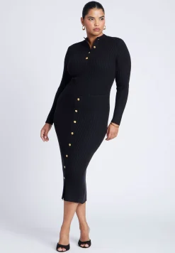 Mock Neck Rib Button Dress