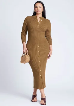 Mock Neck Rib Button Dress