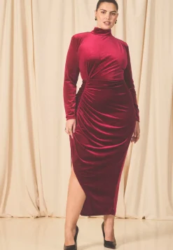 Mock Neck Velvet Dress With Slit