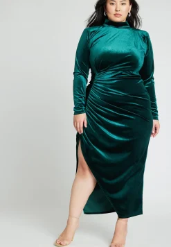 Mock Neck Velvet Dress With Slit
