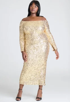 Off The Shoulder Sequin Column Dress