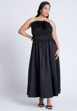 Pleated Ruffle Neckline Midi Dress