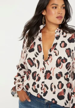 Printed Button Down Shirt with Ruffle Neck