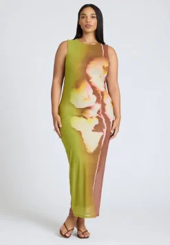 Printed Mesh Dress With Shirring