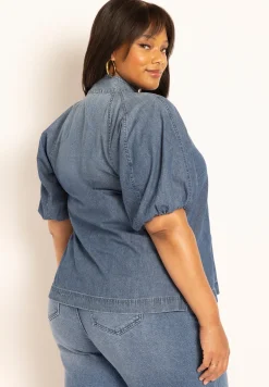 Puff Sleeve Chambray Tie Neck Top