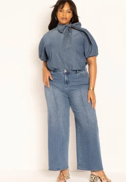 Puff Sleeve Chambray Tie Neck Top