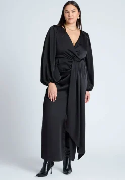 Satin Puff Sleeve Pleated Dress