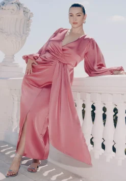 Satin Puff Sleeve Pleated Dress