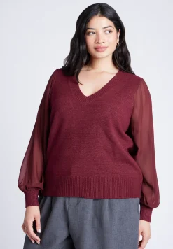 Sheer Sleeve V-Neck Sweater