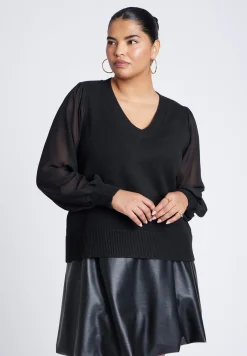 Sheer Sleeve V-Neck Sweater