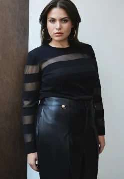 Sheer Stripe Sweater With Shoulder Pad