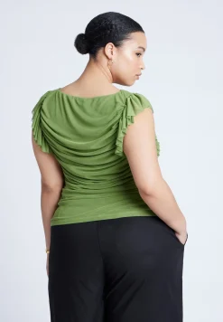 Shirred Mesh Top With Shoulder Flounces