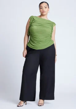 Shirred Mesh Top With Shoulder Flounces