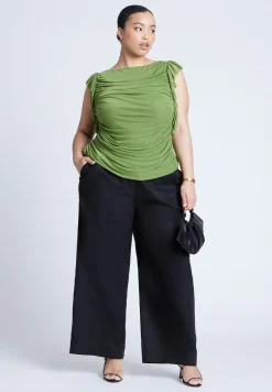 Shirred Mesh Top With Shoulder Flounces