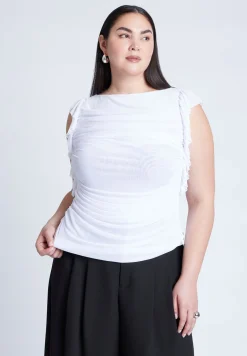 Shirred Mesh Top With Shoulder Flounces