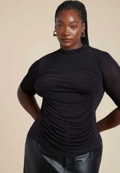 Shirred Mockneck Top With Sheer Sleeve