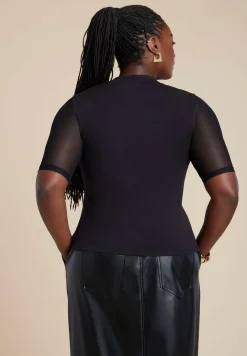 Shirred Mockneck Top With Sheer Sleeve