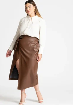 Wrap Front Faux Leather Midi Skirt