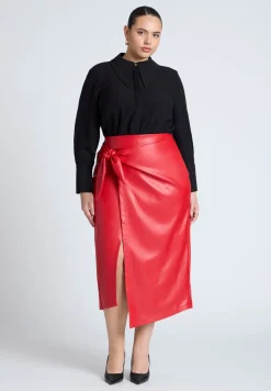 Wrap Front Faux Leather Midi Skirt