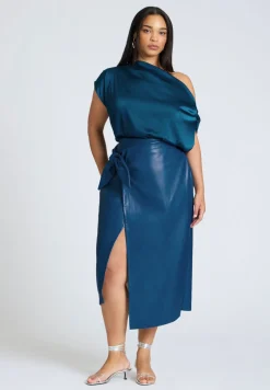 Wrap Front Faux Leather Midi Skirt